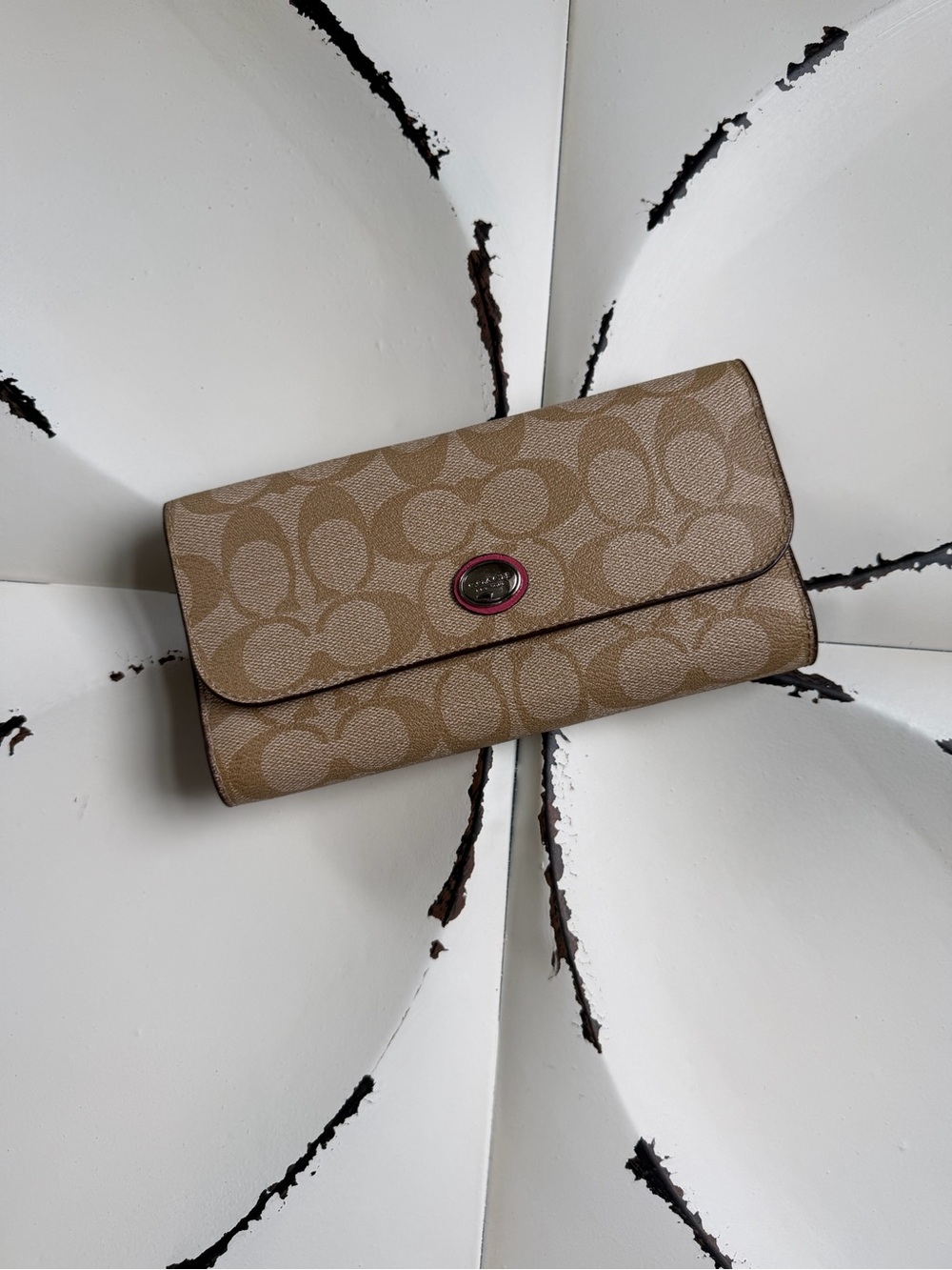 Coach Signature Leather Continental Wallet with Pink Trim